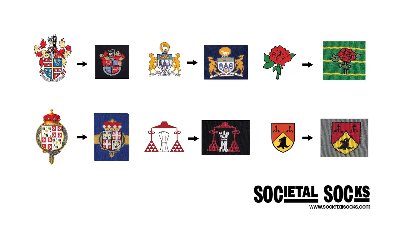 Six school and club crests shown beside their knitted versions: each full-colour crest on the left, an arrow, and the same design knitted into a sock panel on the right. The Societal Socks wordmark sits in the bottom corner.