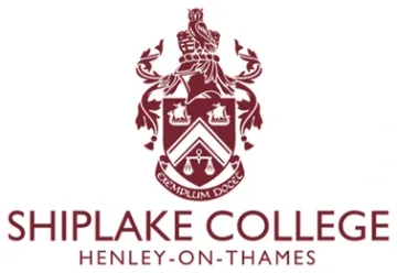 The Shiplake College crest in dark red: a lion standing above a shield and a motto scroll, over the words 'Shiplake College, Henley-on-Thames'.