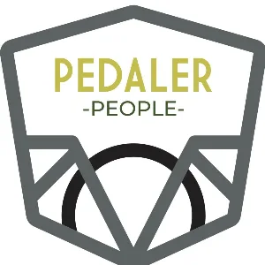 The Independent Pedaler logo: a grey shield outline around the words 'Pedaler People' in olive lettering, above a black bicycle wheel.