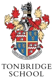 The Tonbridge School coat of arms: a helm with red and gold mantling above a quartered shield of lions and fleurs-de-lis, on a motto scroll, over the words 'Tonbridge School'.